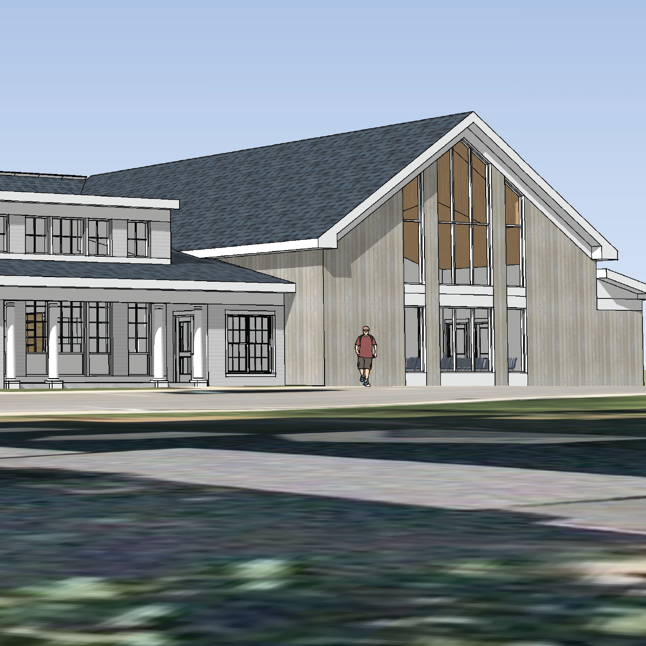 exterior front rendering of library community space with tall windows