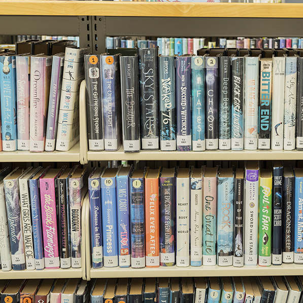 Library shelves with hard cover books 